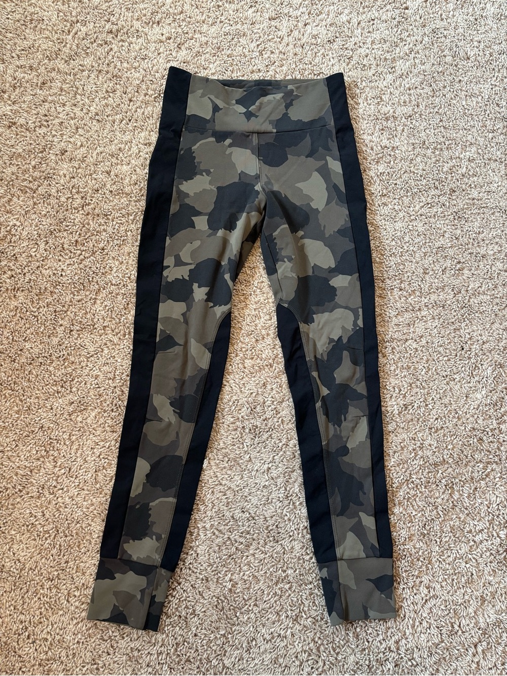 Athleta Olive Green Camo Leggings with Black Side Panels